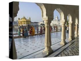 Group of Sikh Women Pilgrims Walking Around Holy Pool, Golden Temple, Amritsar, Punjab State, India-Eitan Simanor-Stretched Canvas