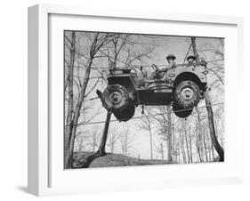 Group of Us Soldiers Pulling a Jeep over a Ravine Using Ropes while on Maneuvers-William C^ Shrout-Framed Photographic Print