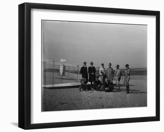 Group portrait in front of glider at Kill Devil Hill Photograph - Kitty Hawk, NC-Lantern Press-Framed Art Print