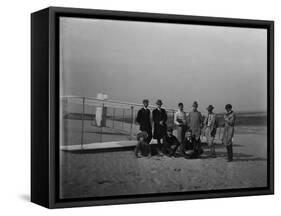 Group portrait in front of glider at Kill Devil Hill Photograph - Kitty Hawk, NC-Lantern Press-Framed Stretched Canvas