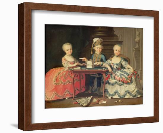 Group Portrait of a Boy and Two Girls Building a House of Cards with Other Games by the Table-Francois Hubert Drouais-Framed Giclee Print