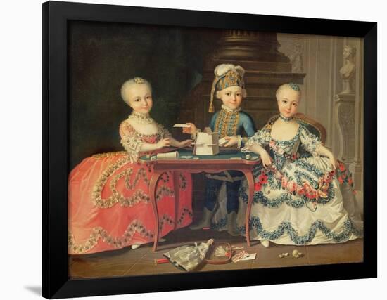 Group Portrait of a Boy and Two Girls Building a House of Cards with Other Games by the Table-Francois Hubert Drouais-Framed Giclee Print