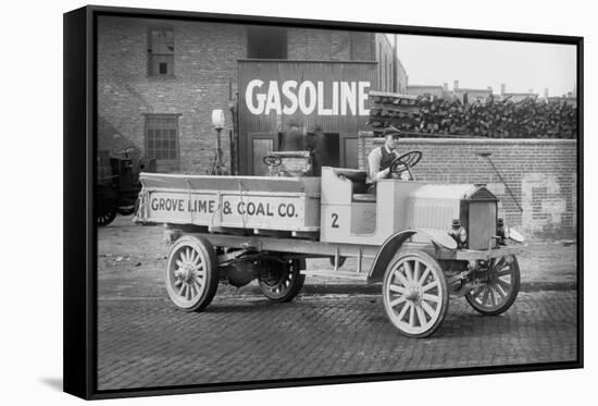 Grove Lime and Coal Company in Front of a Building Sign That Reads Gasoline-null-Framed Stretched Canvas