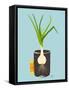 Growing Garlic with Green Leafy Top in Mug. Vegetable Container Gardening Illustration. Layered Vec-Popmarleo-Framed Stretched Canvas