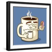 Grumpy Coffee Cartoon Character Eating A Donut-Tony Oshlick-Framed Premium Giclee Print