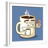 Grumpy Coffee Cartoon Character Eating A Donut-Tony Oshlick-Framed Premium Giclee Print