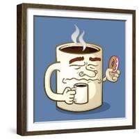 Grumpy Coffee Cartoon Character Eating A Donut-Tony Oshlick-Framed Premium Giclee Print