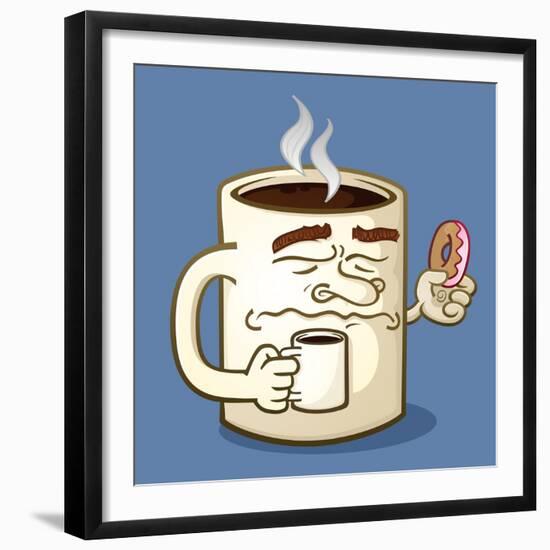 Grumpy Coffee Cartoon Character Eating A Donut-Tony Oshlick-Framed Premium Giclee Print