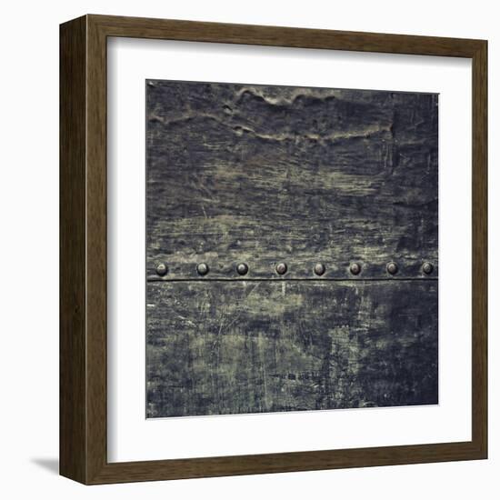 Grunge Black Metal Plate with Rivets Screws Background Texture-Voy-Framed Art Print