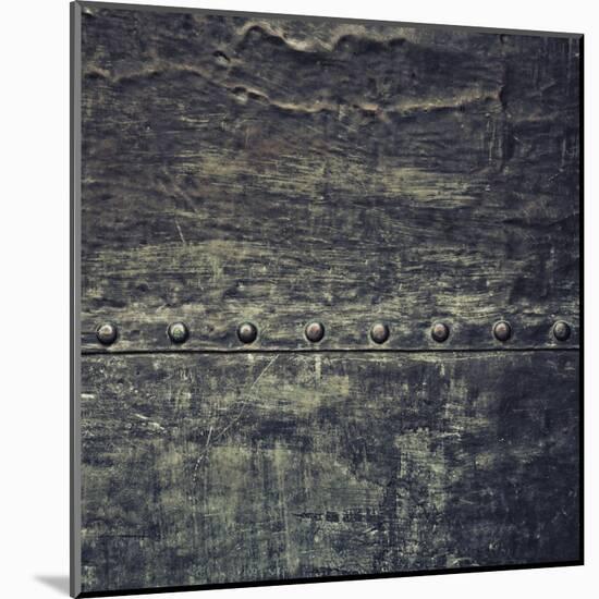 Grunge Black Metal Plate with Rivets Screws Background Texture-Voy-Mounted Art Print