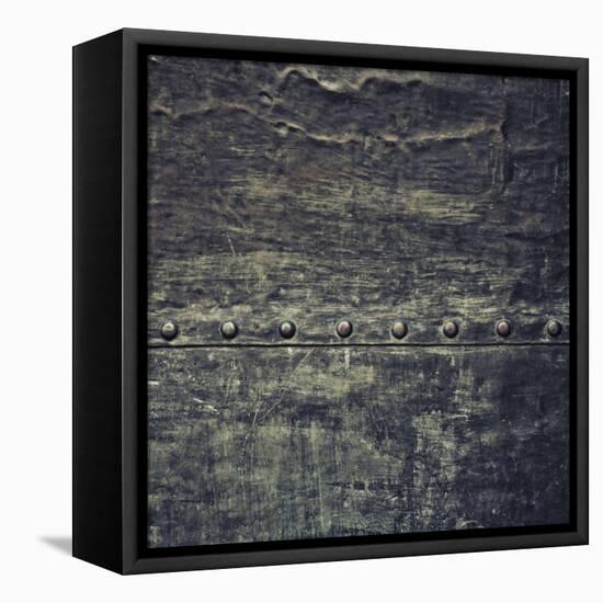 Grunge Black Metal Plate with Rivets Screws Background Texture-Voy-Framed Stretched Canvas