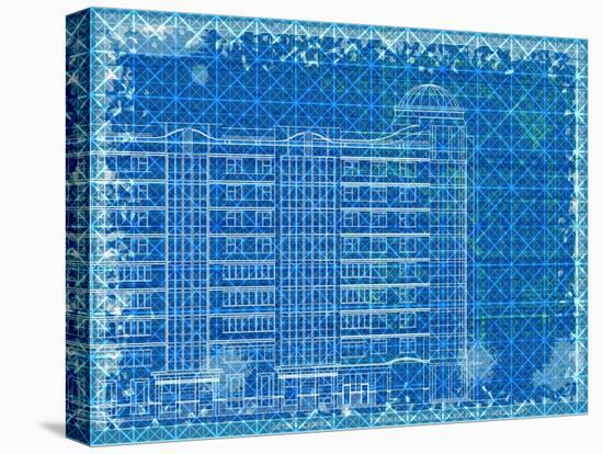Grunge Blue Horizontal Architectural Background with Elements of Plan and Facade Drawings-tairen-Stretched Canvas