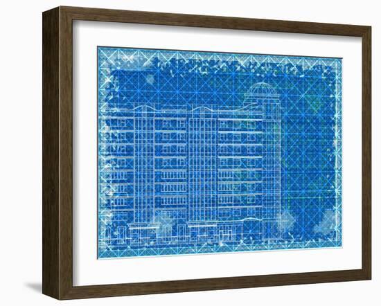 Grunge Blue Horizontal Architectural Background with Elements of Plan and Facade Drawings-tairen-Framed Art Print