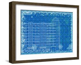 Grunge Blue Horizontal Architectural Background with Elements of Plan and Facade Drawings-tairen-Framed Art Print