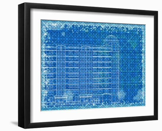 Grunge Blue Horizontal Architectural Background with Elements of Plan and Facade Drawings-tairen-Framed Art Print