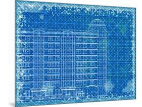Grunge Blue Horizontal Architectural Background with Elements of Plan and Facade Drawings-tairen-Mounted Art Print