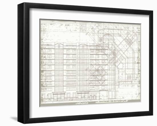 Grunge Horizontal Architectural Background with Elements of Plan and Facade Drawings-tairen-Framed Art Print