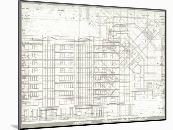 Grunge Horizontal Architectural Background with Elements of Plan and Facade Drawings-tairen-Mounted Art Print