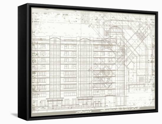 Grunge Horizontal Architectural Background with Elements of Plan and Facade Drawings-tairen-Framed Stretched Canvas