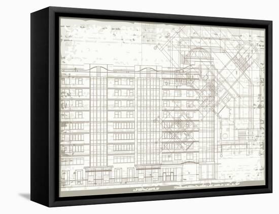 Grunge Horizontal Architectural Background with Elements of Plan and Facade Drawings-tairen-Framed Stretched Canvas