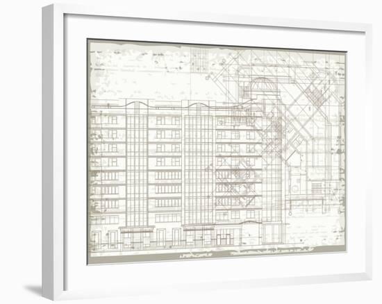 Grunge Horizontal Architectural Background with Elements of Plan and Facade Drawings-tairen-Framed Art Print