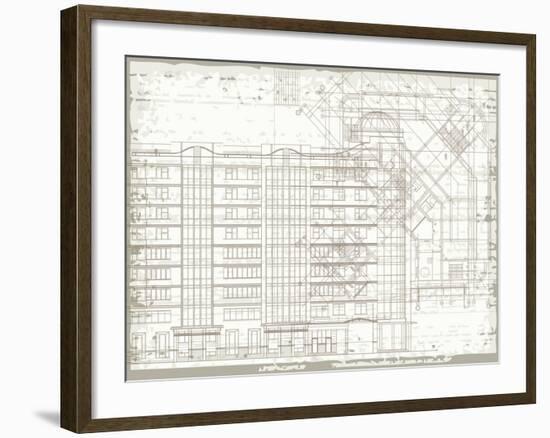 Grunge Horizontal Architectural Background with Elements of Plan and Facade Drawings-tairen-Framed Art Print