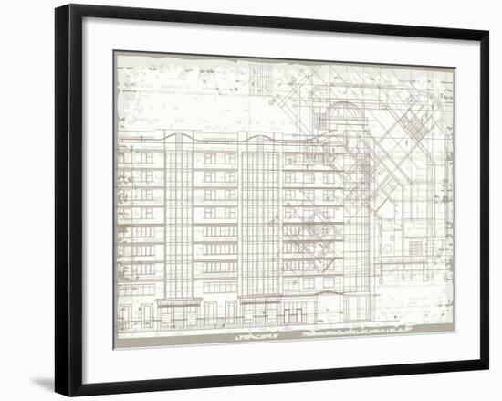 Grunge Horizontal Architectural Background with Elements of Plan and Facade Drawings-tairen-Framed Art Print