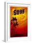 Grunge Surf Poster with Palms and Sunset-locote-Framed Art Print