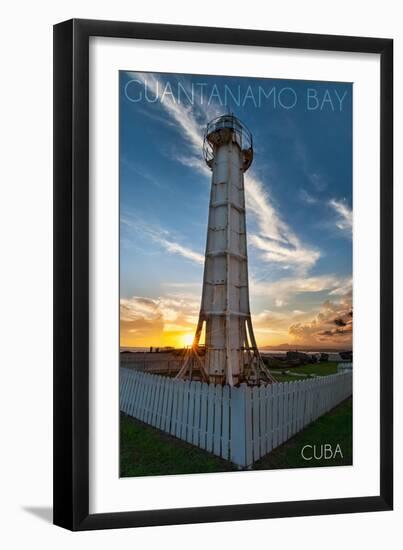 Guantanamo Bay, Cuba - Sunset and Lighthouse-Lantern Press-Framed Art Print