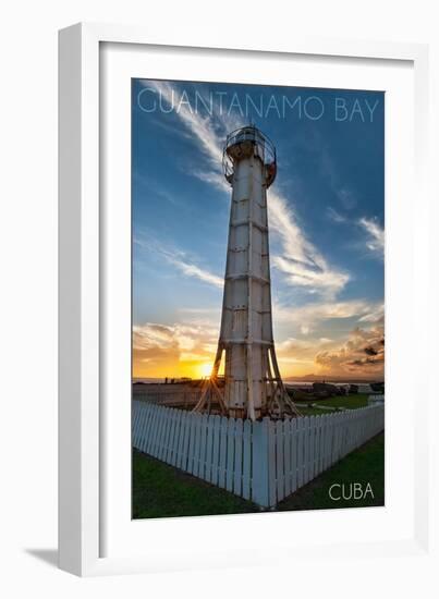 Guantanamo Bay, Cuba - Sunset and Lighthouse-Lantern Press-Framed Art Print