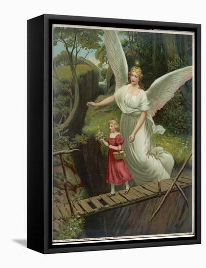 Guardian Angel Watches Over a Child as She Crosses a Dangerous Bridge-null-Framed Stretched Canvas