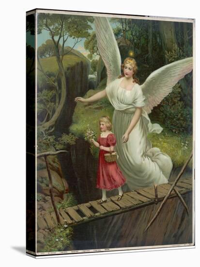 Guardian Angel Watches Over a Child as She Crosses a Dangerous Bridge-null-Stretched Canvas