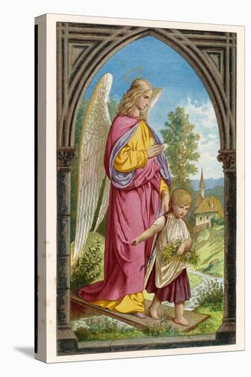 Guardian Angel Watches Over a Small Child as It Gathers Flowers in the German Countryside-null-Stretched Canvas
