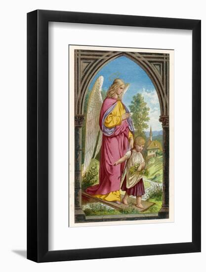 Guardian Angel Watches Over a Small Child as It Gathers Flowers in the German Countryside-null-Framed Photographic Print