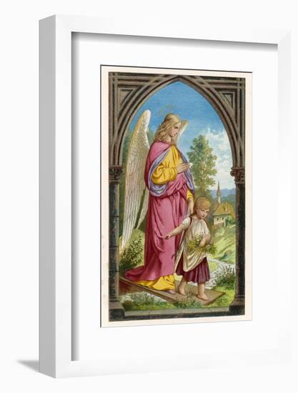 Guardian Angel Watches Over a Small Child as It Gathers Flowers in the German Countryside-null-Framed Photographic Print