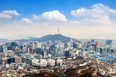 View of Downtown Cityscape and Seoul Tower in Seoul, South Korea.-Guitar photographer-Framed Stretched Canvas