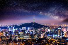 View of Downtown Cityscape and Seoul Tower with Milky Way in Seoul, South Korea.-Guitar photographer-Photographic Print