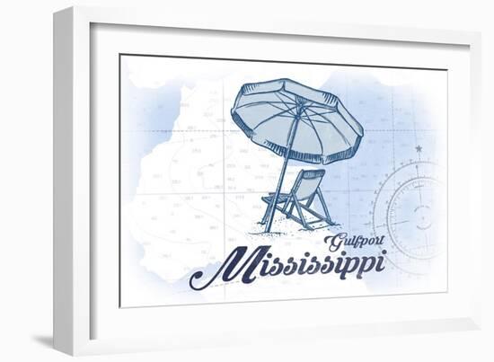 Gulfport, Mississippi - Beach Chair and Umbrella - Blue - Coastal Icon-Lantern Press-Framed Art Print