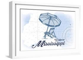 Gulfport, Mississippi - Beach Chair and Umbrella - Blue - Coastal Icon-Lantern Press-Framed Art Print