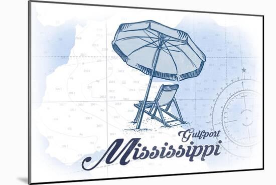 Gulfport, Mississippi - Beach Chair and Umbrella - Blue - Coastal Icon-Lantern Press-Mounted Art Print