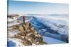 Gullfoss waterfall, Golden Circle, Iceland. Man with red coat admiring the waterfall (MR)-Marco Bottigelli-Stretched Canvas