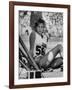 Gunhild Larking, Sweden's Entry for High Jump, Nervously Awaiting Turn to Compete at Olympic Games-George Silk-Framed Premium Photographic Print