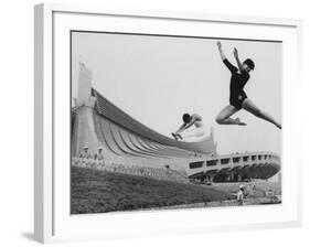 Gymnasts Outside the New Olympic Building in Japan-Larry Burrows-Framed Photographic Print