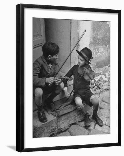 Gypsy Children Playing Violin in Street-William Vandivert-Framed Photographic Print