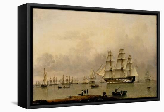 H.M.S. Queen Sailing out of Portsmouth Harbour-John Of Hull Ward-Framed Stretched Canvas