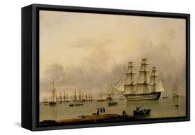 H.M.S. Queen Sailing out of Portsmouth Harbour-John Of Hull Ward-Framed Stretched Canvas