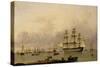 H.M.S. Queen Sailing out of Portsmouth Harbour-John Of Hull Ward-Stretched Canvas