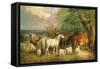 Haddon Hall with Sheep, Cattle, a Stag and a Pony-Henry Barraud-Framed Stretched Canvas
