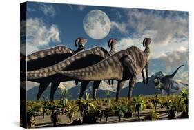 Hadrosaurid Duckbill Dinosaurs Use Soundwaves to Defend a Tyrannosaurus Rex-null-Stretched Canvas