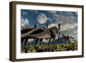 Hadrosaurid Duckbill Dinosaurs Use Soundwaves to Defend a Tyrannosaurus Rex-null-Framed Art Print